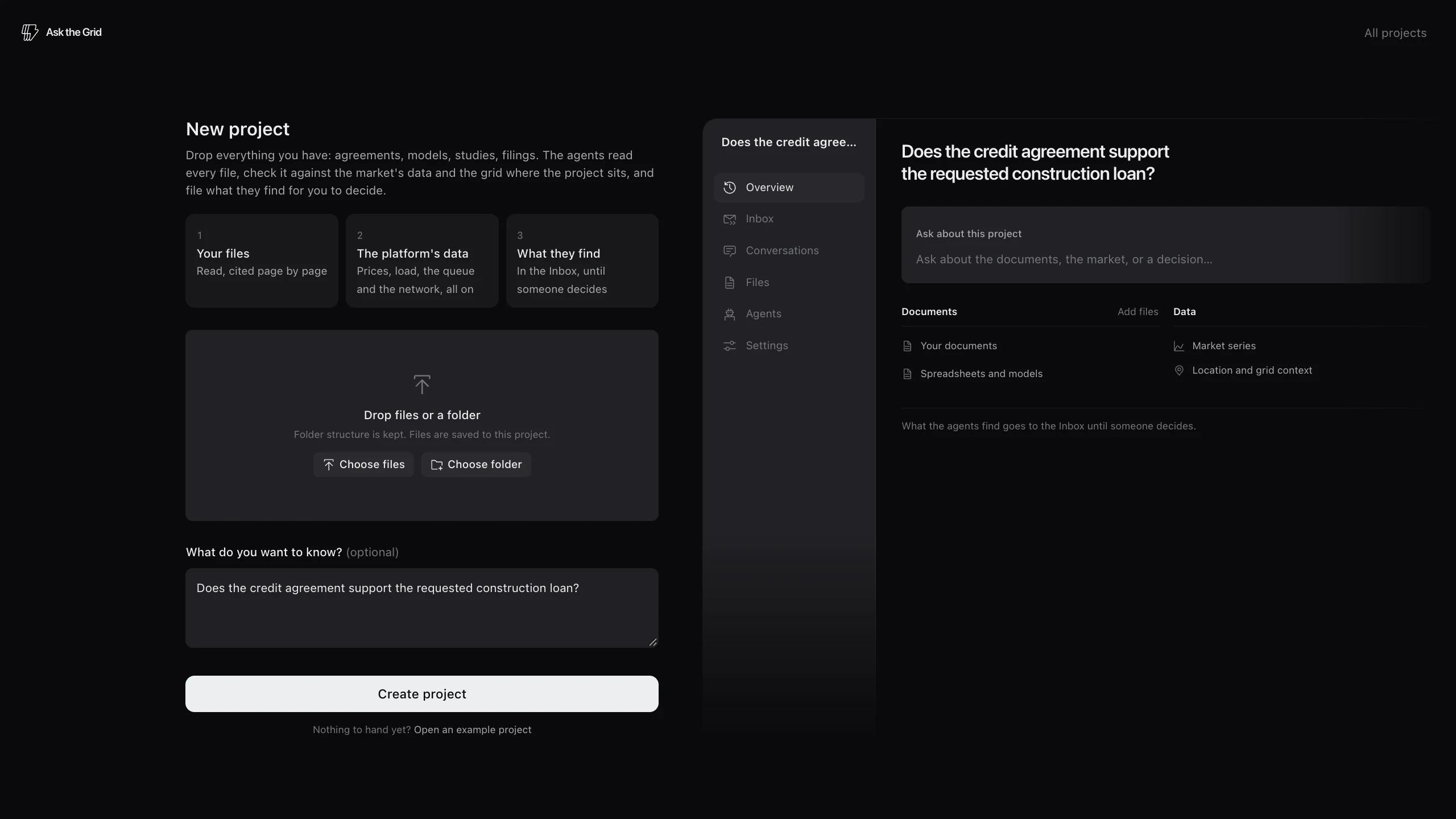 Projects creation flow with file upload, a project question, and the project workspace preview.
