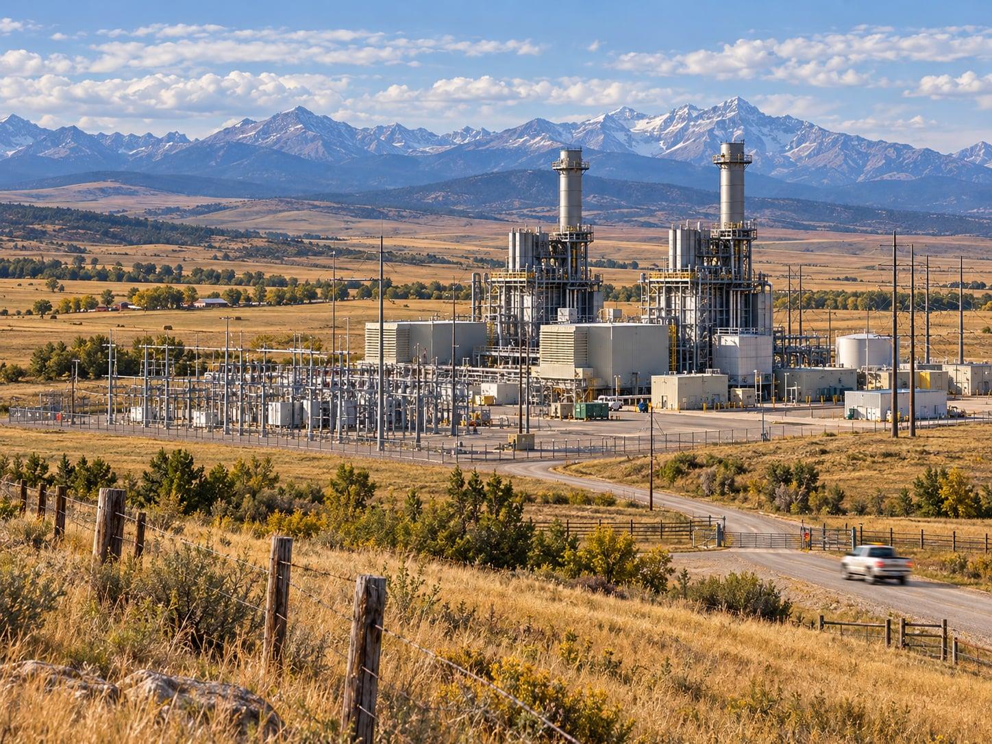 Regional artwork of Alberta ranchland, distant Rockies and a gas-fired generating station