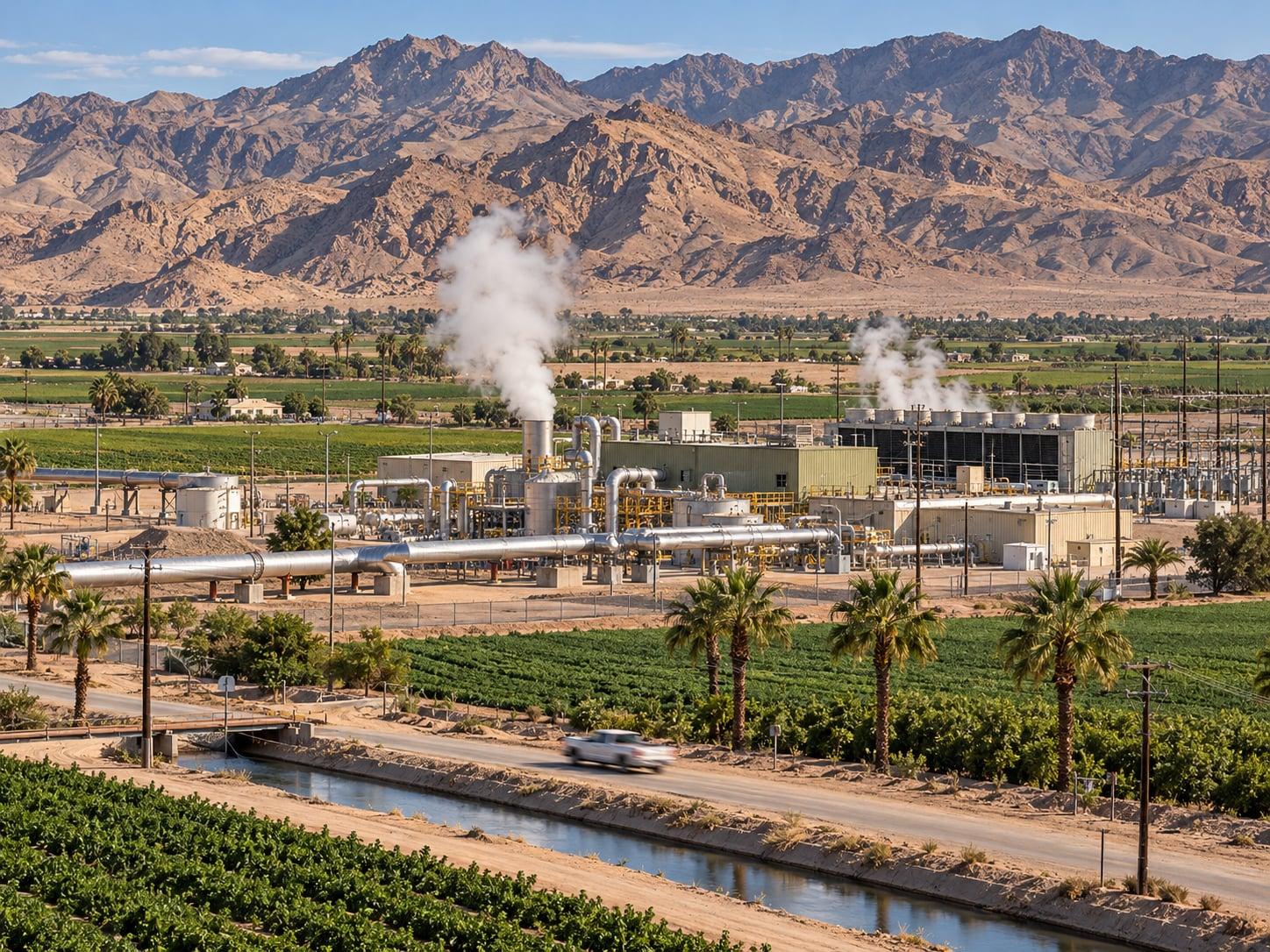 Regional artwork of Baja California desert mountains, cultivated land and geothermal power generation