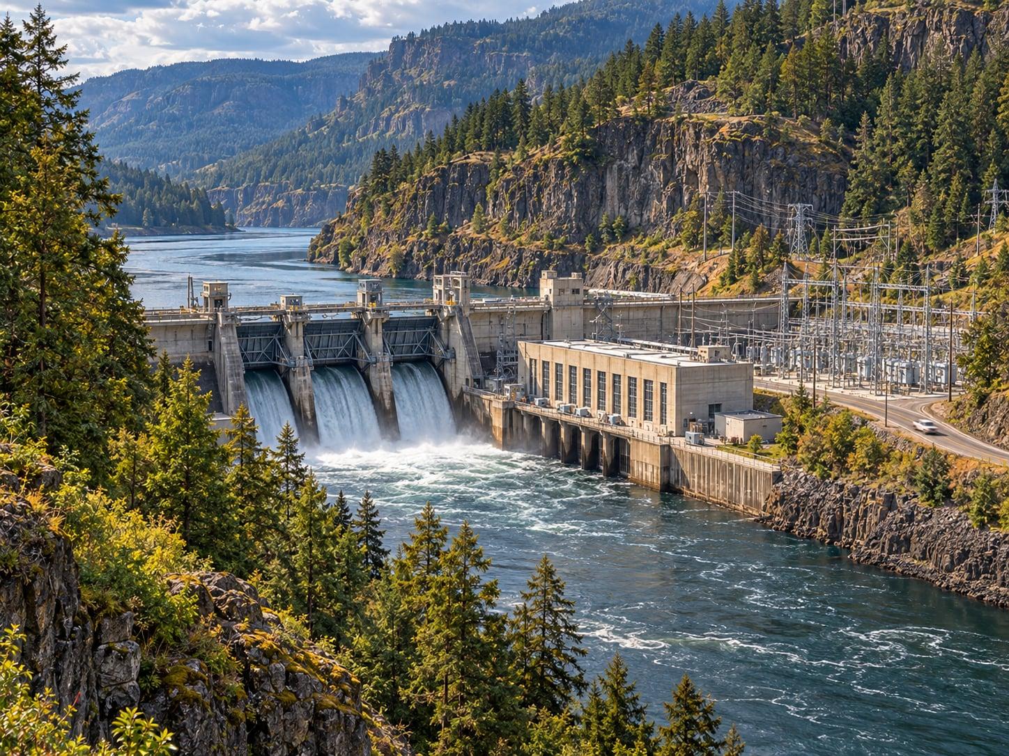 Regional artwork of a Columbia Gorge hydroelectric dam, powerhouse and wooded basalt slopes