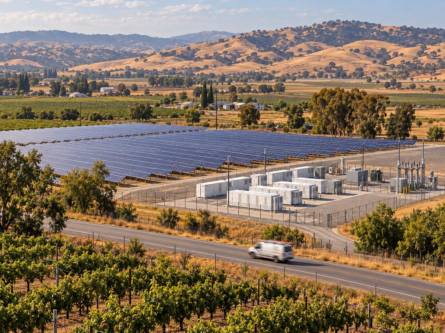 Regional artwork of California farmland and dry foothills with solar panels and battery storage