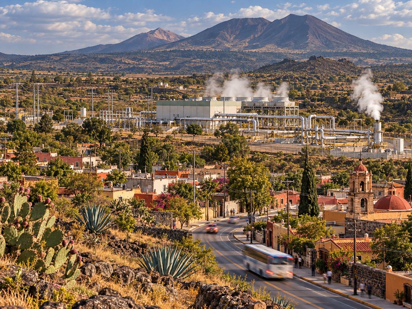 Regional artwork of Mexico's volcanic plateau, a town and geothermal electricity infrastructure
