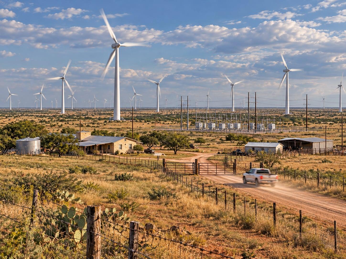 Regional artwork of West Texas ranchland, a wind farm and a passing maintenance vehicle
