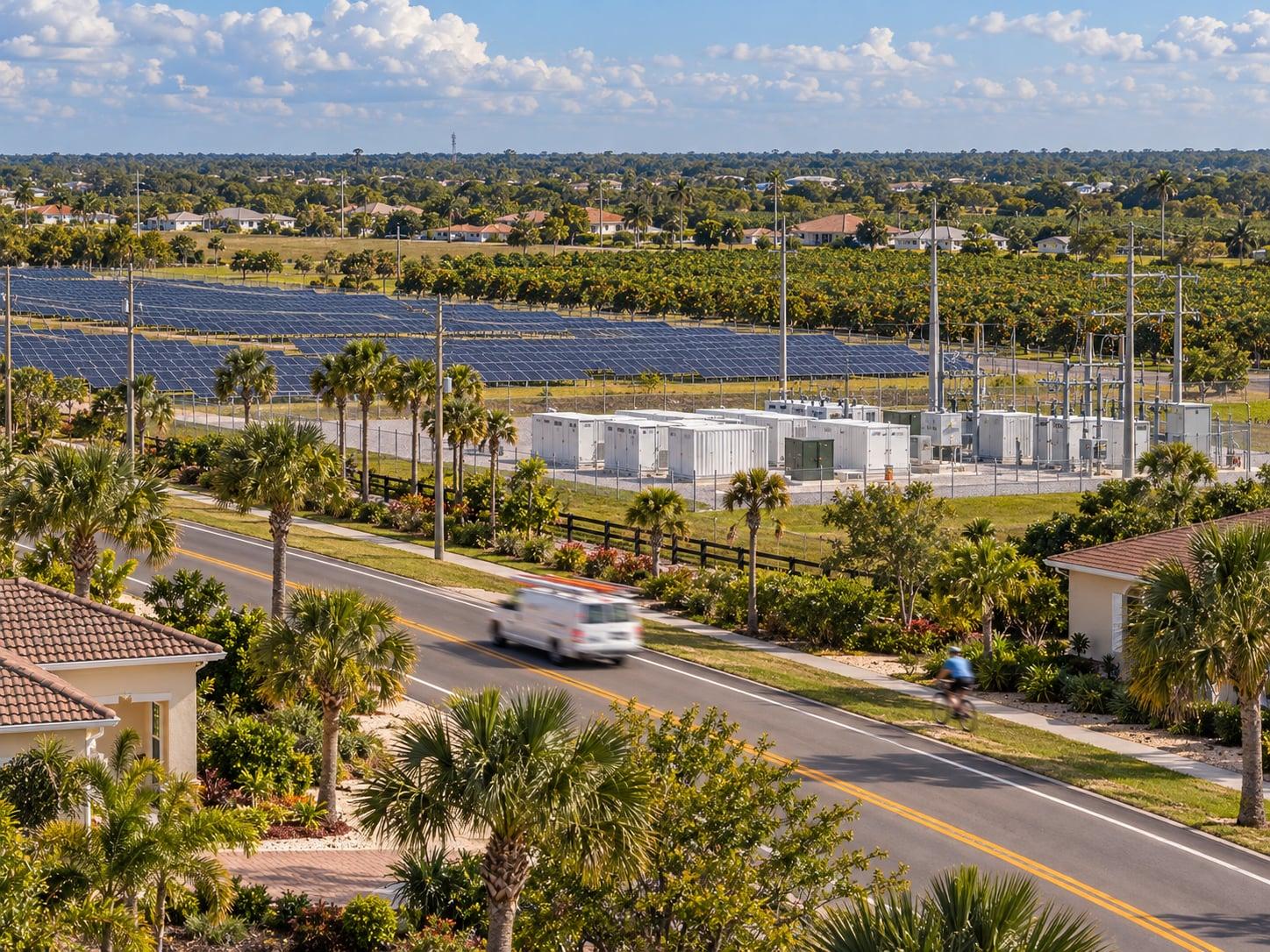 Regional artwork of peninsular Florida with electricity infrastructure