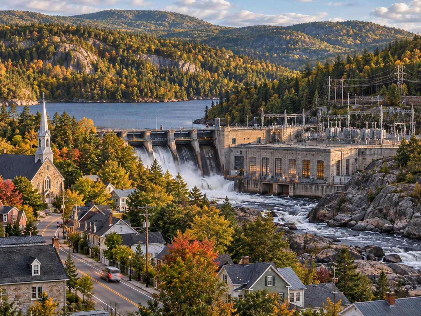 Regional artwork of Quebec wooded foothills, a village and hydroelectric power infrastructure