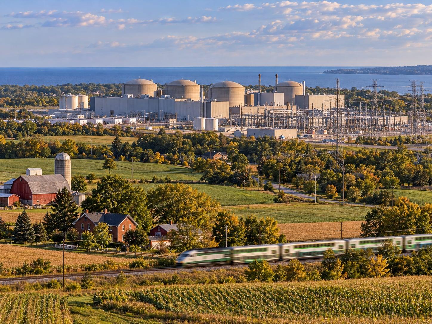 Regional artwork of Ontario farmland and a nuclear generating station