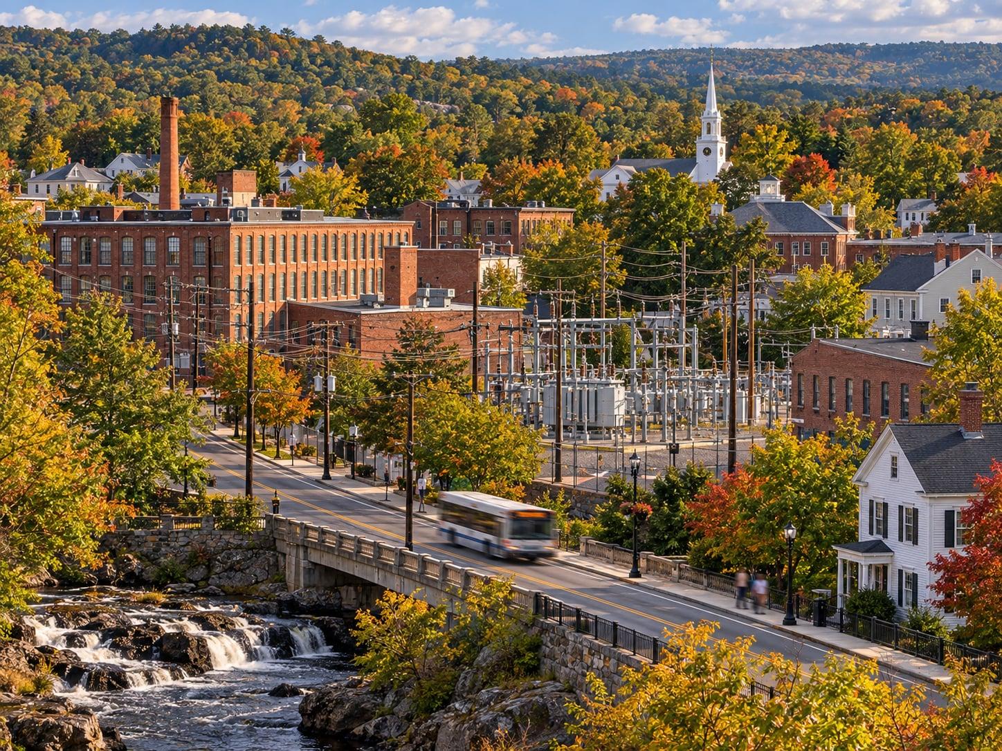 Regional artwork of a New England mill town with autumn trees, distribution lines and a substation