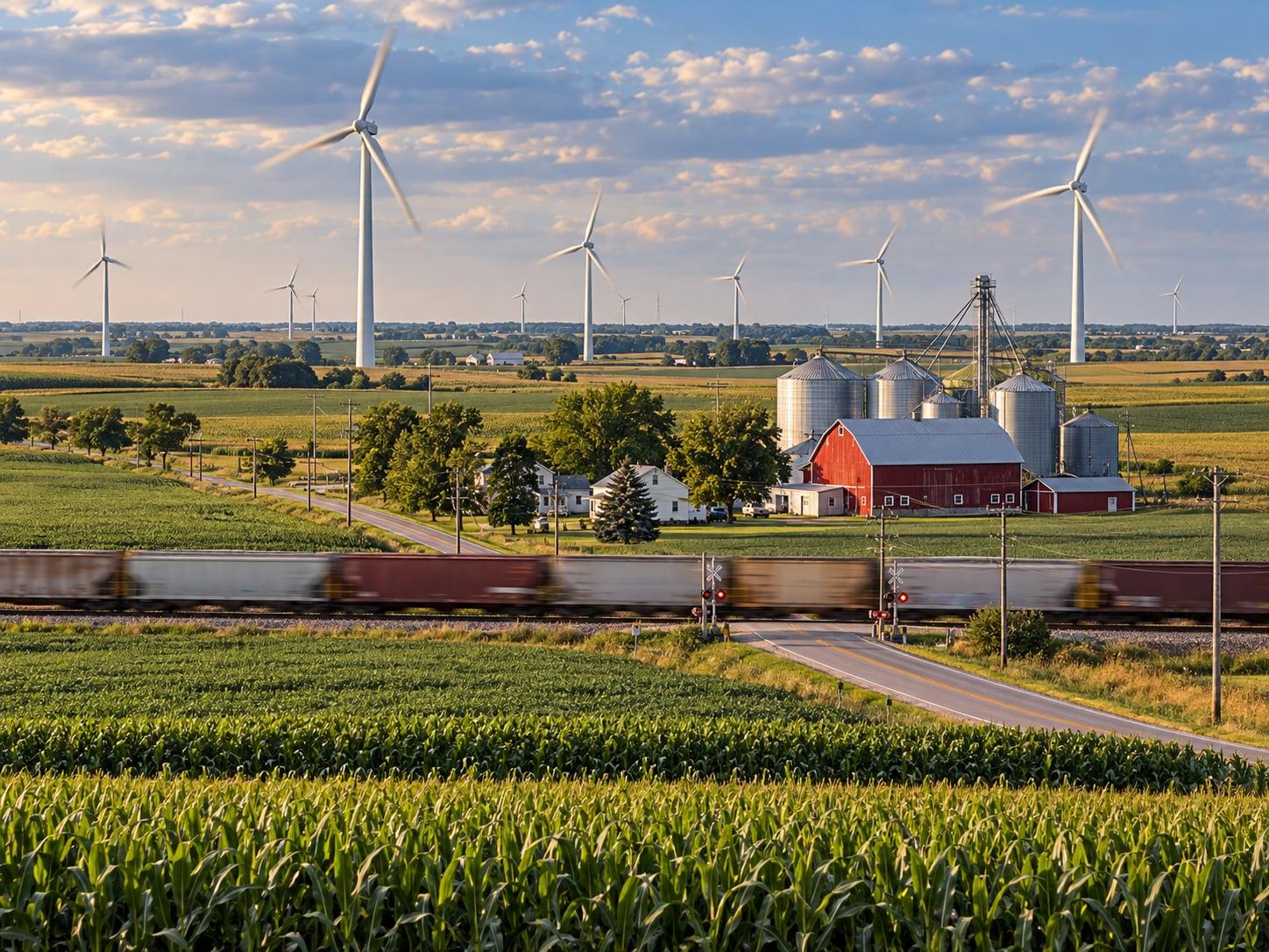 Regional artwork of Midwestern cornfields, grain bins, wind turbines and a passing freight train