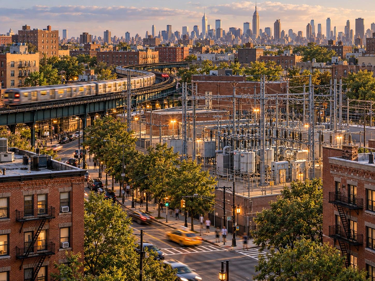 Regional artwork of New York brick neighborhoods, elevated rail and an urban electricity substation