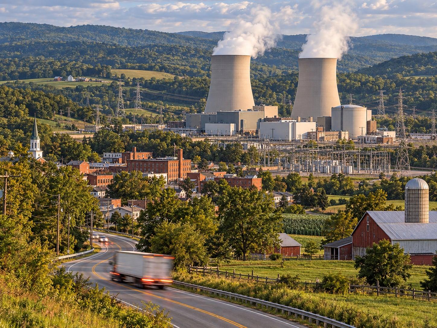 Regional artwork of Pennsylvania farmland, an industrial town and a nuclear generating station