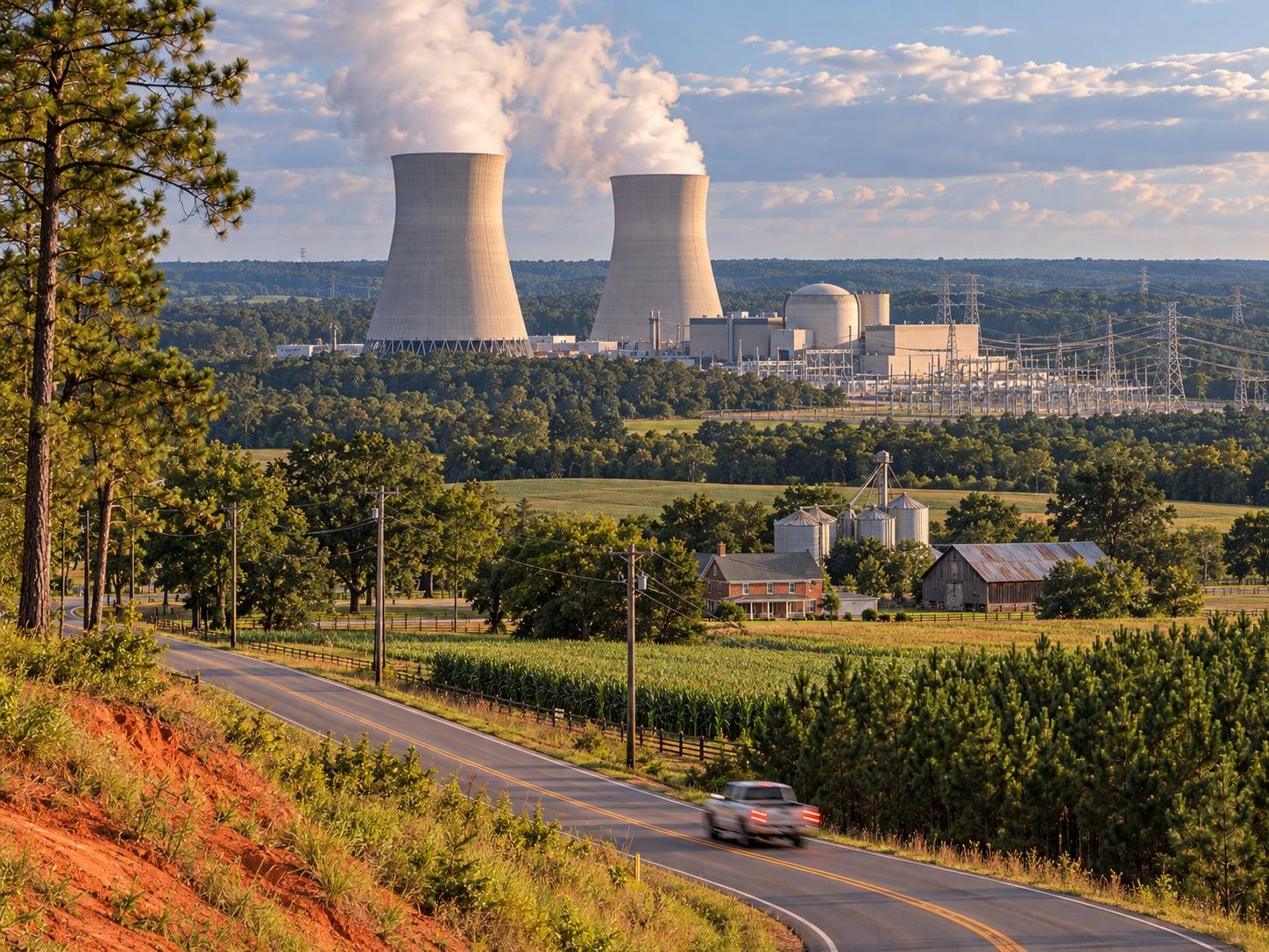 Regional artwork of Southeastern pine country, farmland and a nuclear power station
