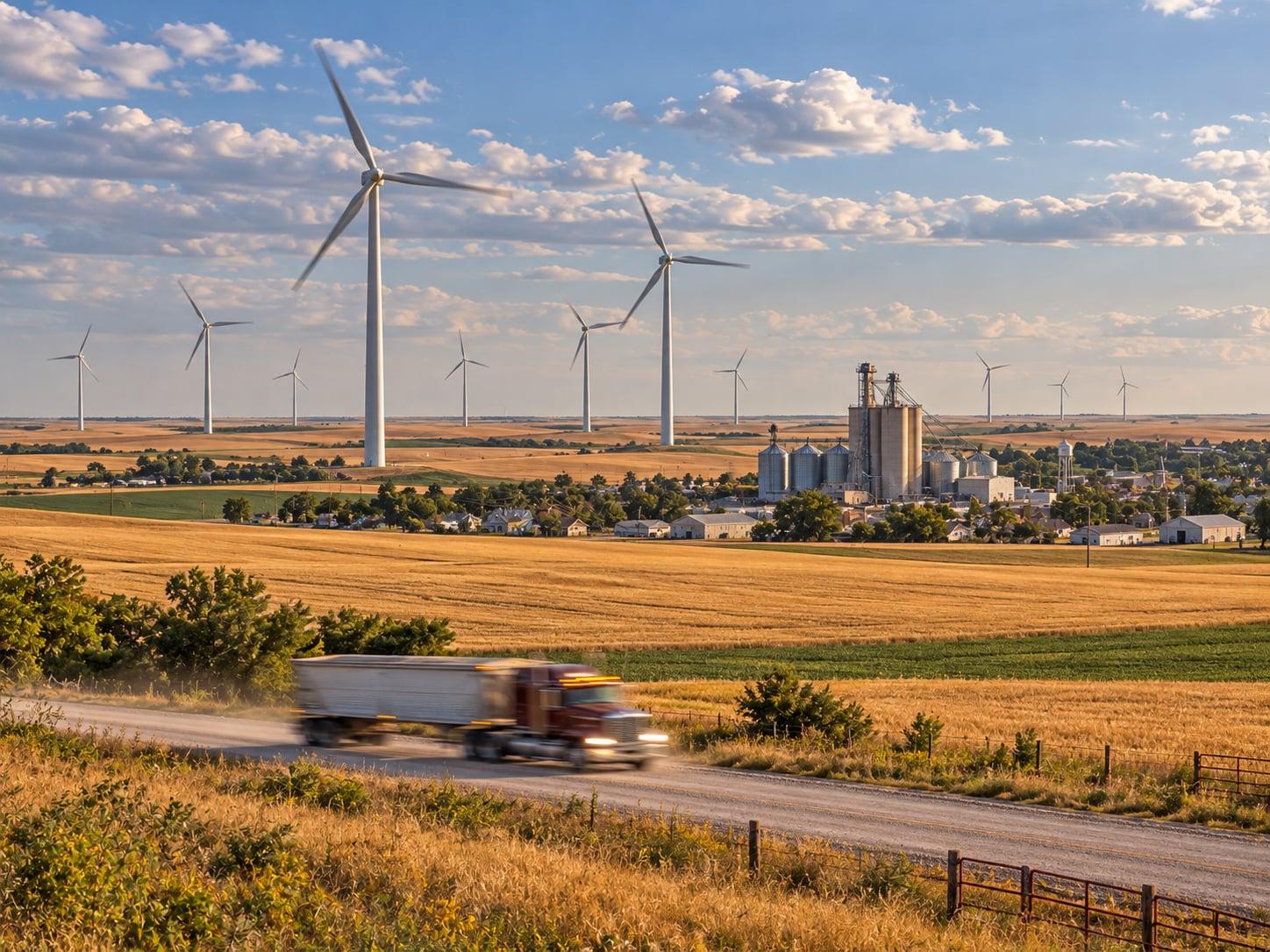Regional artwork of Great Plains wheat fields, grain elevators and wind generation