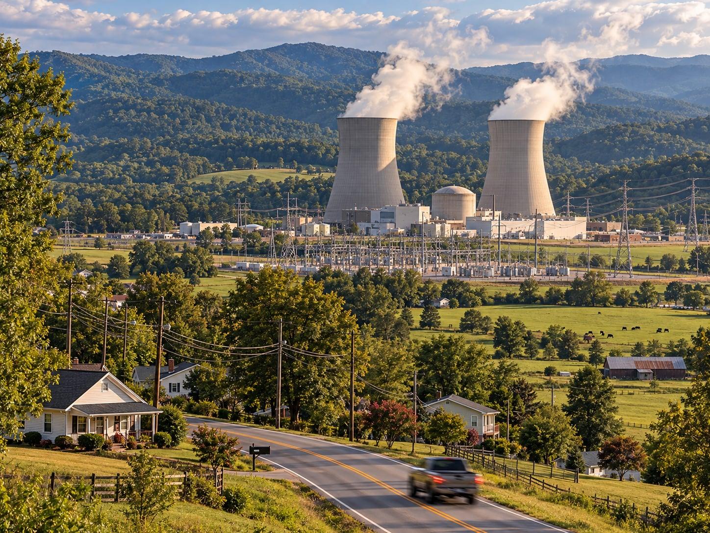 Regional artwork of Tennessee Valley farmland, wooded foothills and nuclear power infrastructure