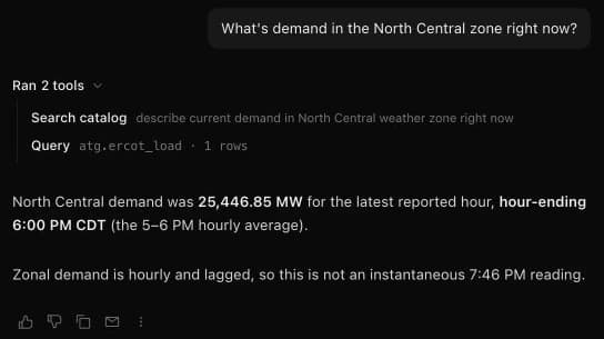 A fresh North Central demand answer with its catalog search and ERCOT load query expanded, distinguishing the latest hourly average from an instantaneous reading.