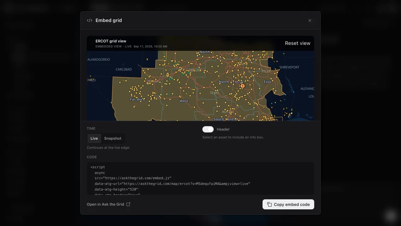 The Embed grid builder with a live ERCOT map preview, Header and Info box options, and embed code ready to copy.