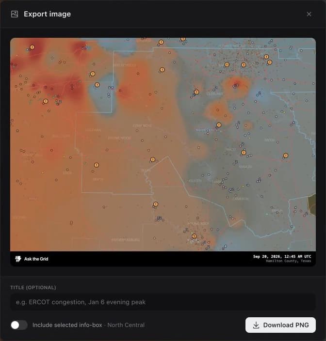Export image dialog with a rendered map preview, timestamp and location footer, title field, selected-card toggle, and Download PNG.