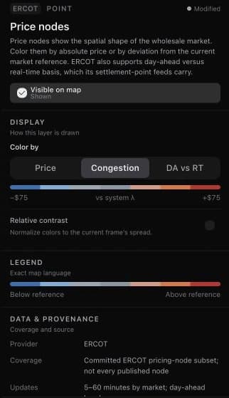 ERCOT Price nodes settings showing Price, Congestion and DA vs RT modes, the system-lambda legend, and coverage disclosure.