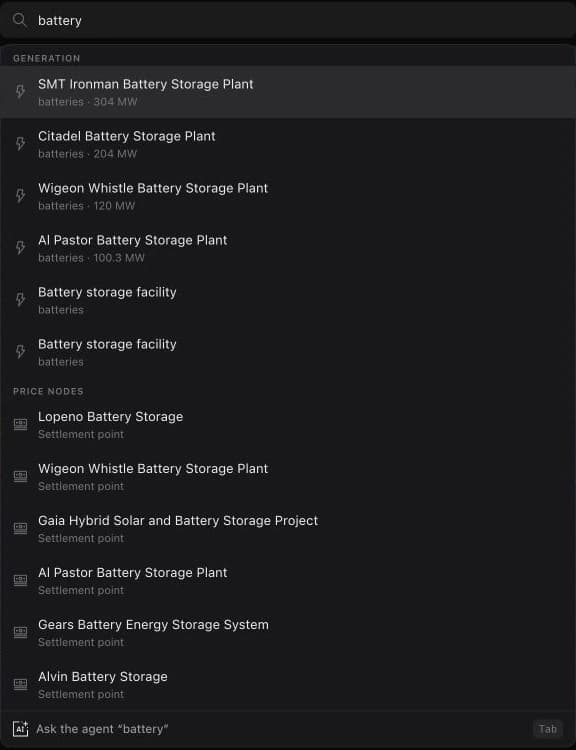 Live search for battery with separate Generation and Price nodes groups and the Tab shortcut to ask the agent.