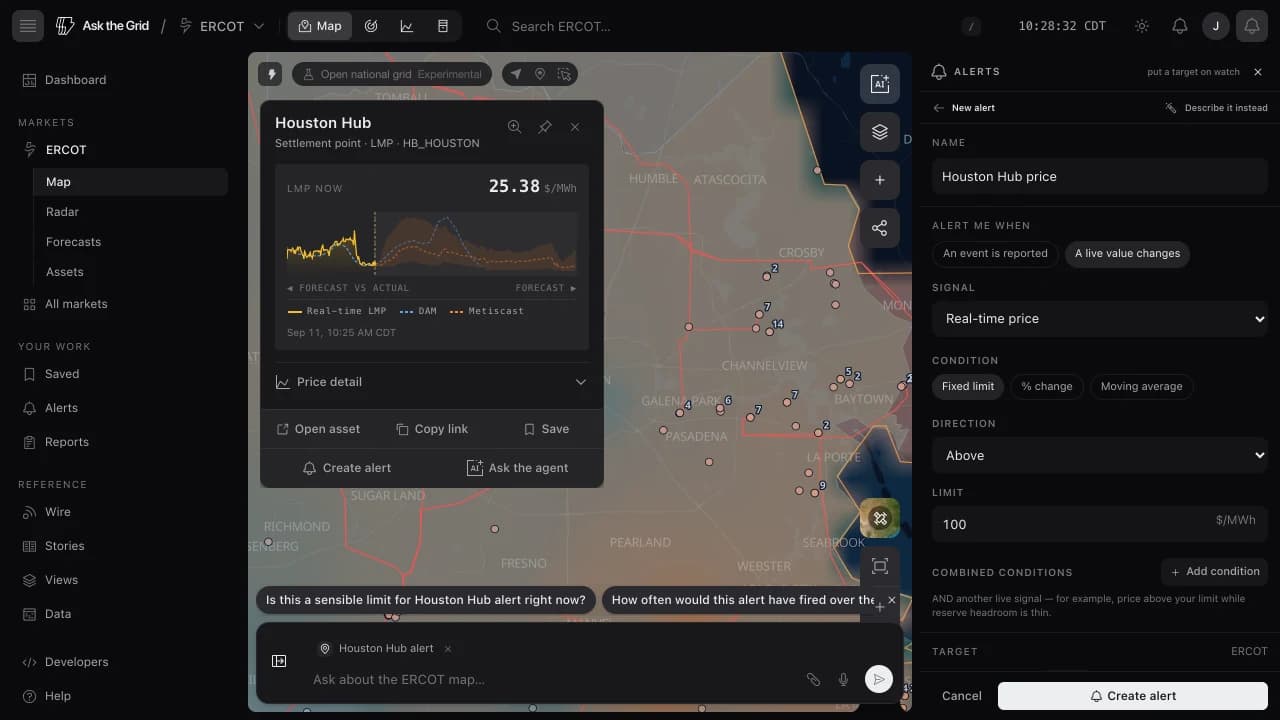 The alert editor open beside ERCOT Grid Radar.