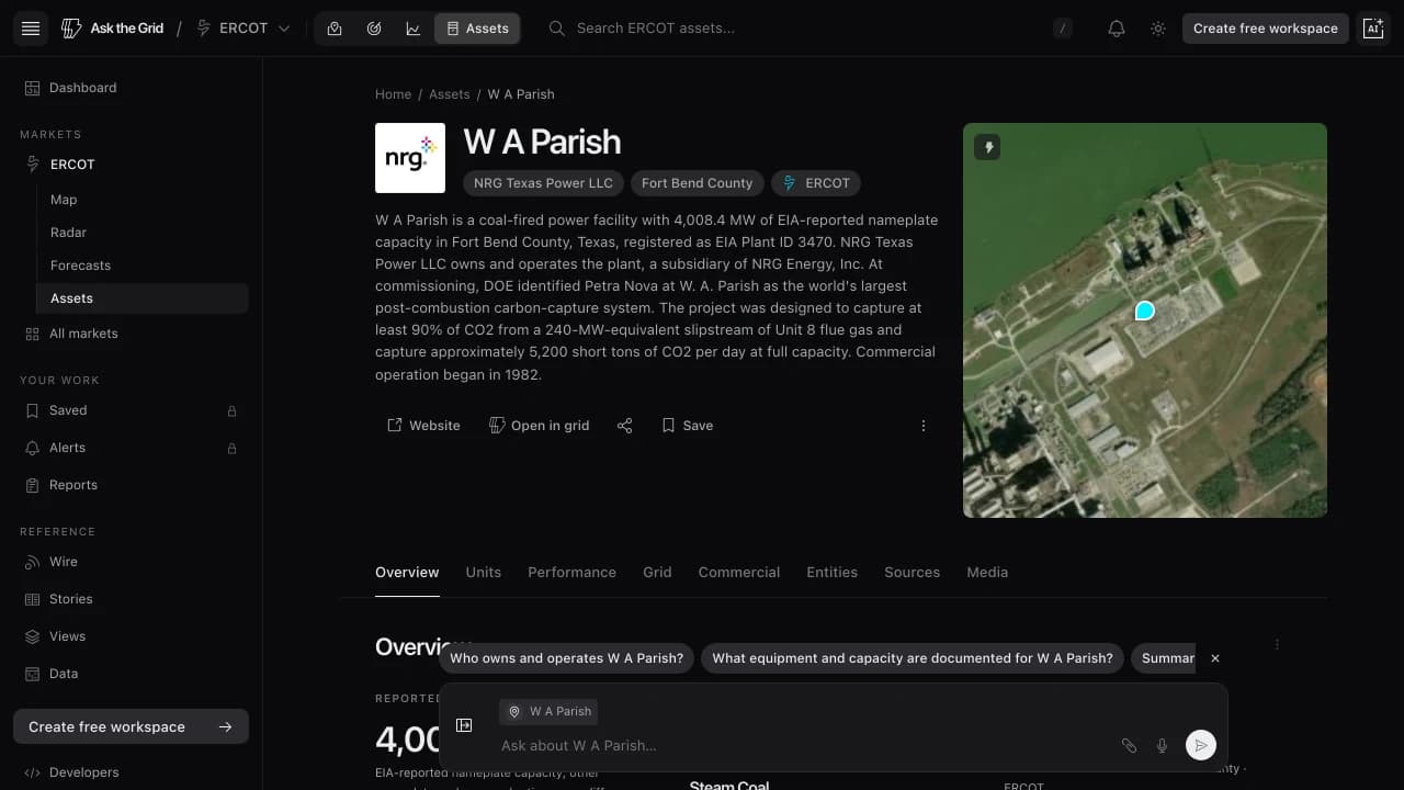 The Ask the Grid W A Parish profile with source-backed operating details and a satellite map.