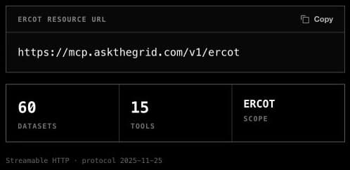 The ERCOT MCP server page showing its resource URL with a copy button, dataset and tool counts, ERCOT scope, and transport and protocol details.
