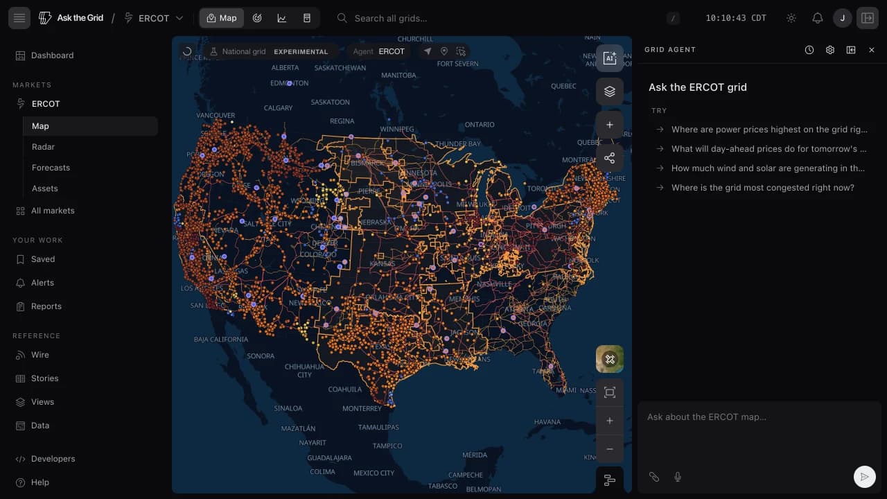 The national map showing organized-market footprints across the United States beside the grid agent panel.
