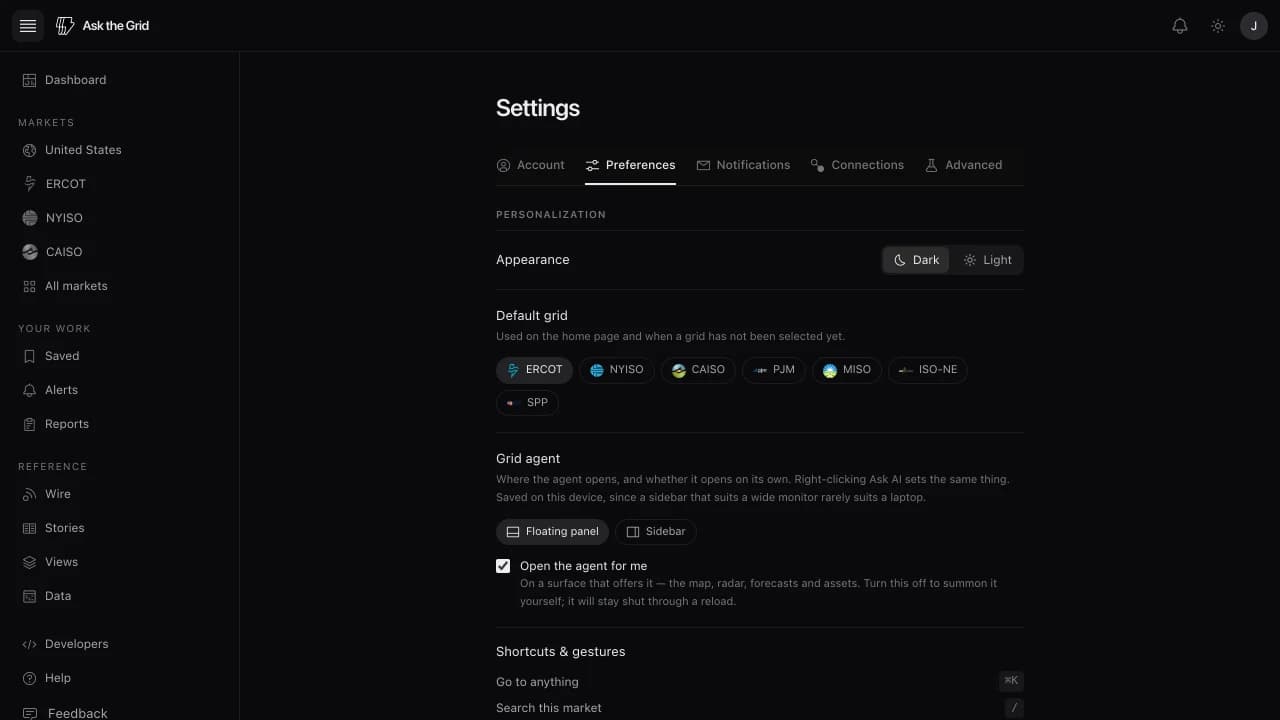 Settings open on Preferences, with the Account, Notifications, Connections, and Advanced tabs, appearance, default grid, and grid agent placement.