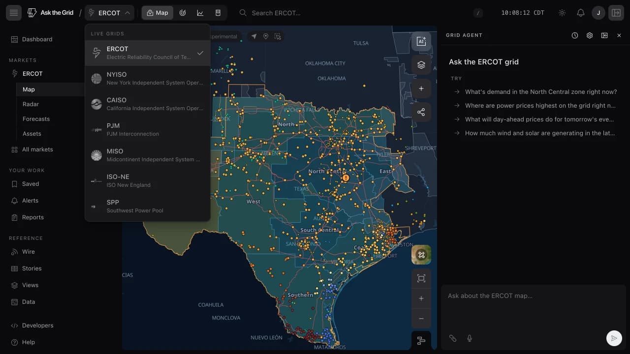 The market menu open from the header on the ERCOT map, listing every live grid with ERCOT selected.