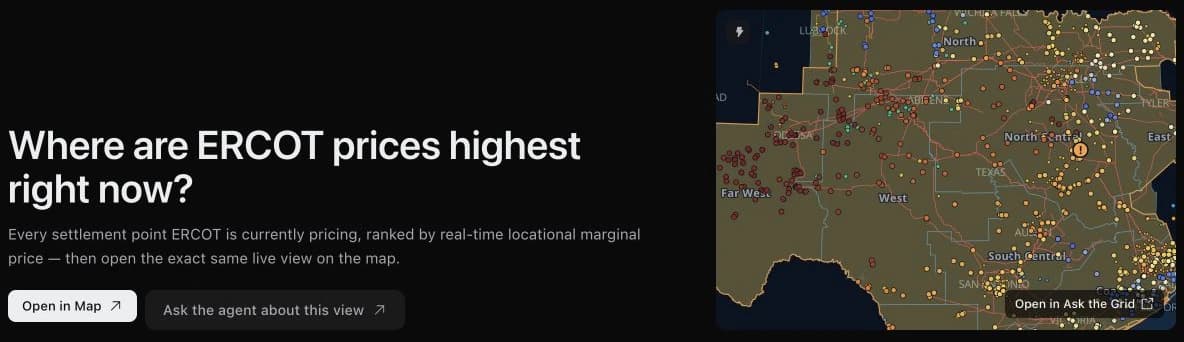 The live ERCOT price View with its operating question, map preview, Open in Map action, and agent handoff.
