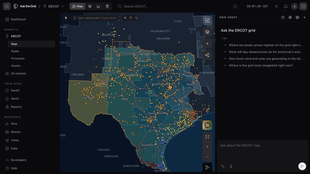 The Ask the Grid workspace: the live ERCOT map with zones, price nodes, and transmission, map tools along the top edge, and the grid agent open in the right sidebar.