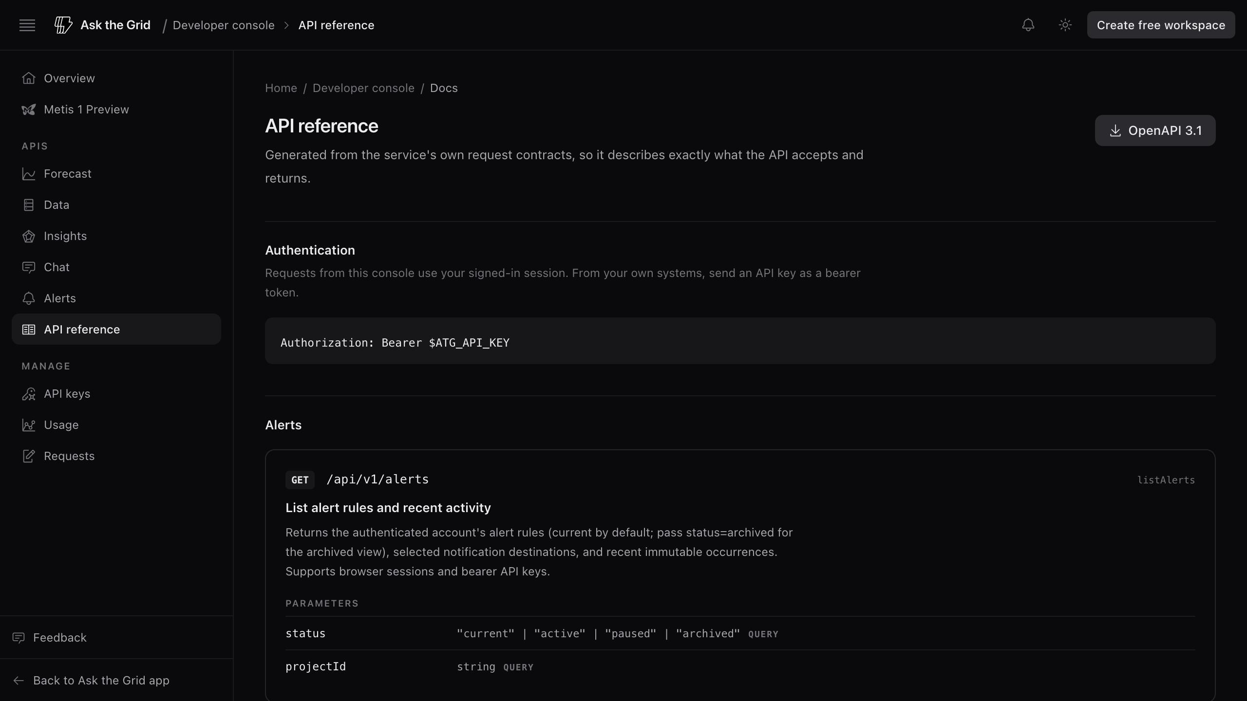 The developer console API reference with the Authentication section, an OpenAPI 3.1 download, and the listAlerts operation and its parameters.