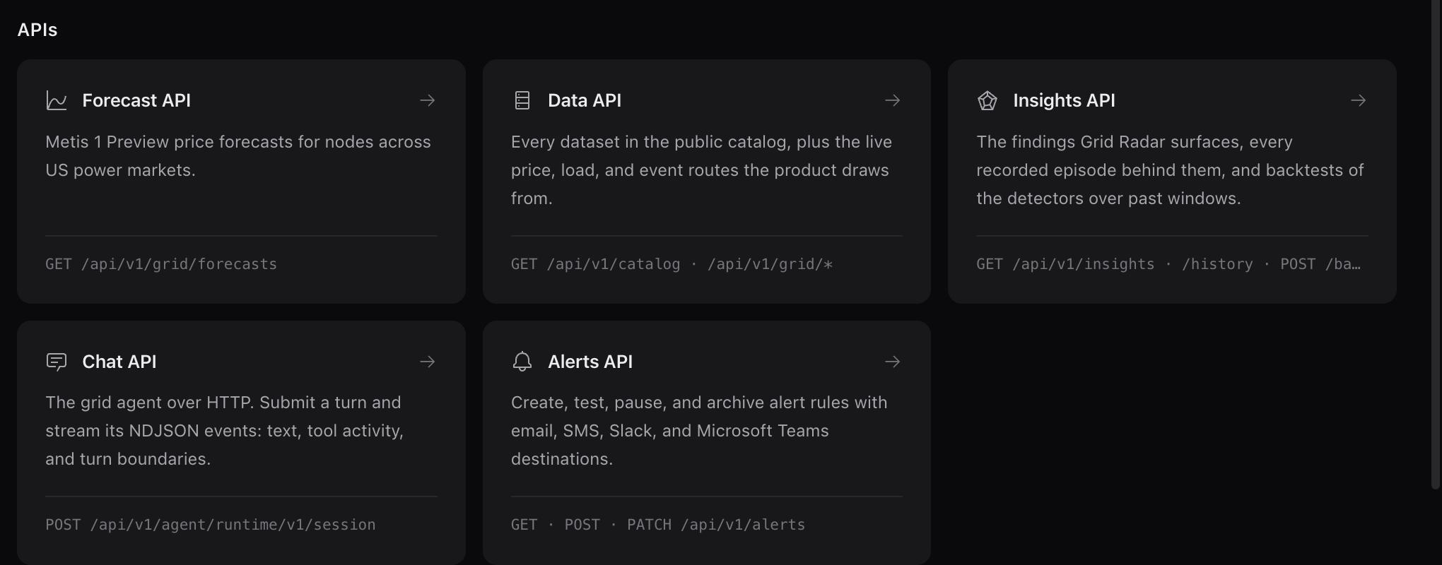 Live developer console showing the Metis 1 Preview specification and five API families: Forecast, Data, Insights, Chat, and Alerts.
