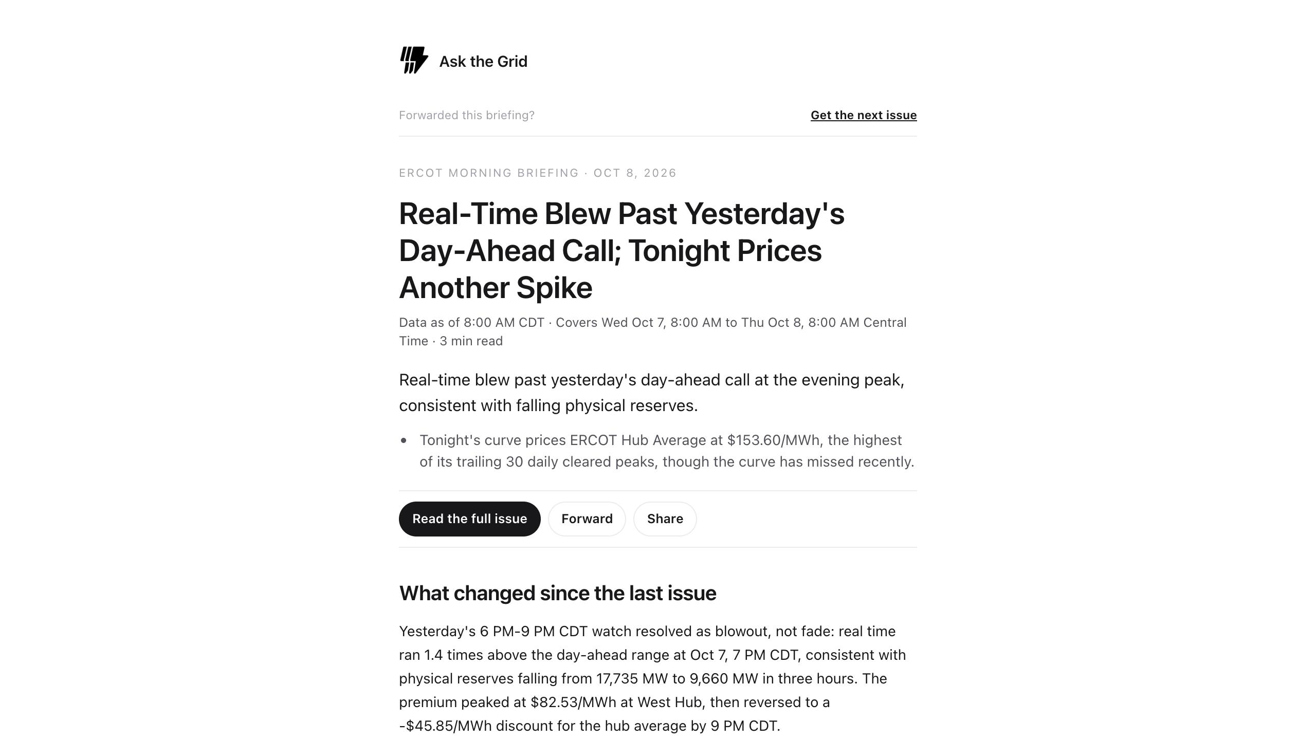 An email edition of an Ask the Grid report with the issue title, current findings, and a link back to the complete report.