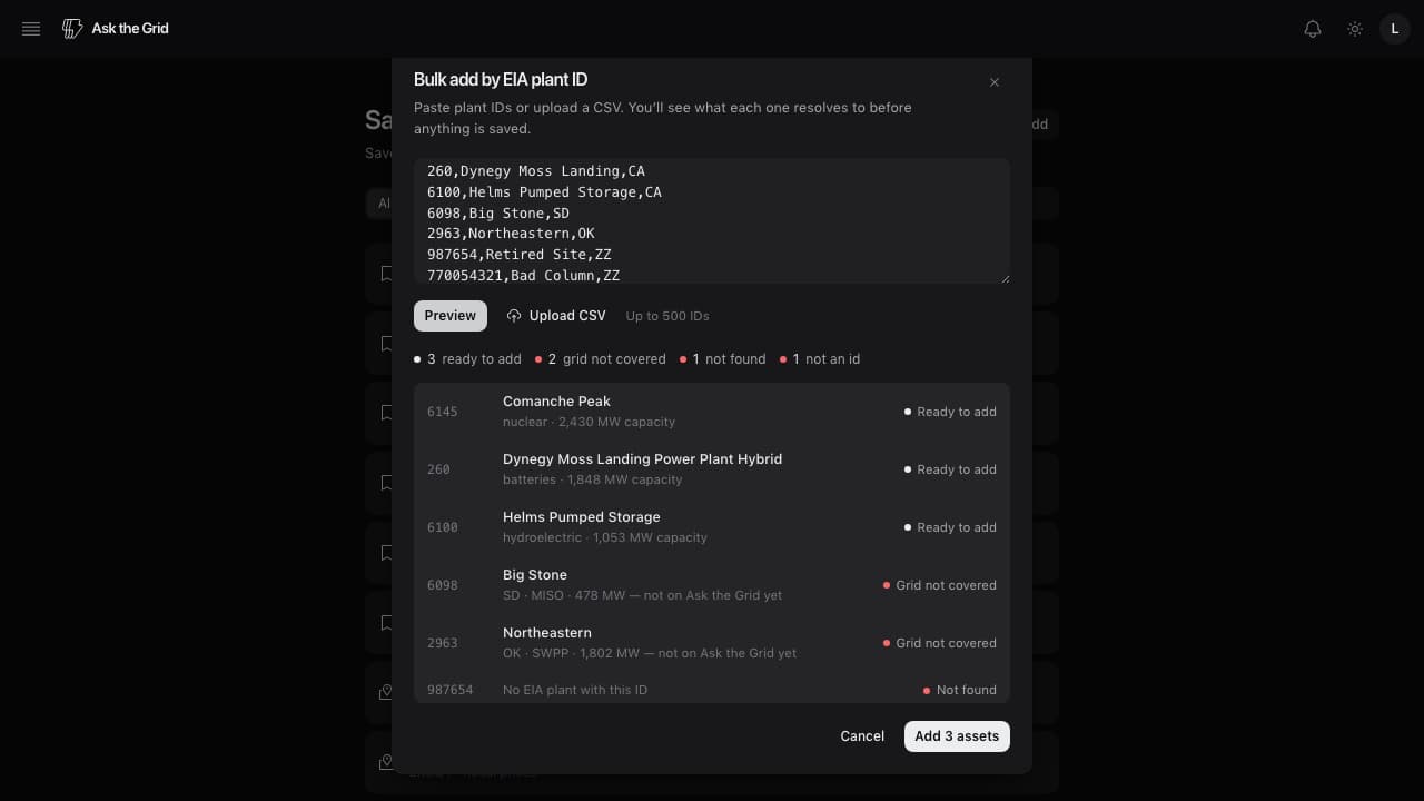 The Bulk add dialog resolving pasted EIA plant IDs into named plants before saving them.