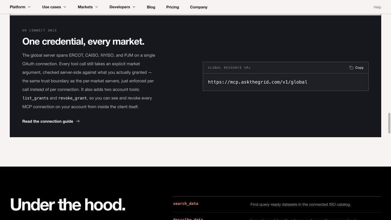 The Ask the Grid MCP page showing one global resource URL and server-enforced market scope.