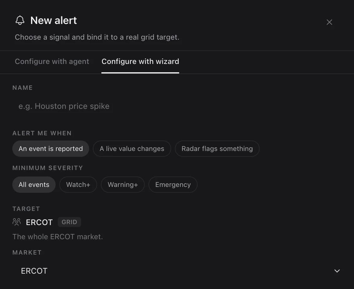 New alert wizard with event, live-value, and Radar-finding triggers, minimum severity, and ERCOT scope.