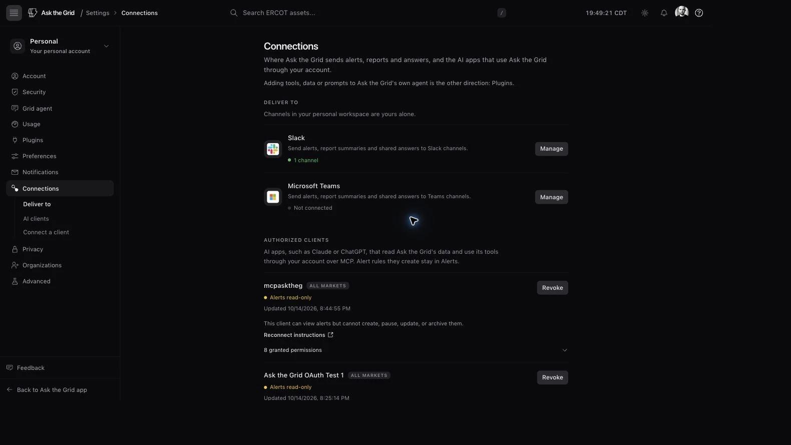 Connections separates Slack and Microsoft Teams delivery channels from authorized AI clients, with alert-read permissions and client revocation controls.