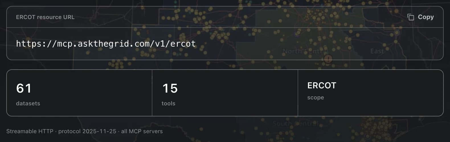 The ERCOT MCP server page showing its resource URL with a copy button, dataset and tool counts, ERCOT scope, and transport and protocol details.
