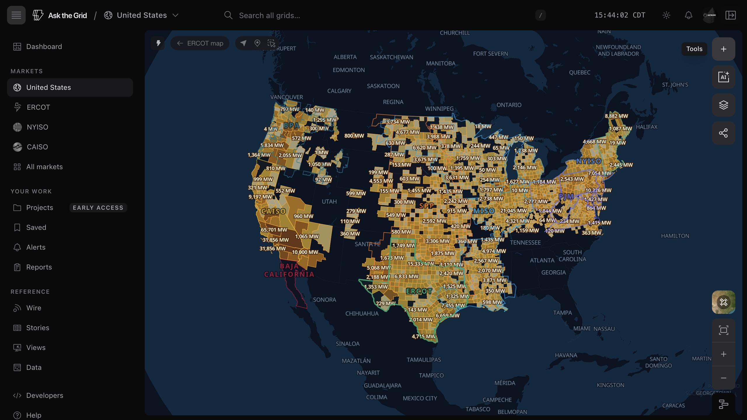 The production national map with requested interconnection capacity by county across the seven organized markets and BPA.