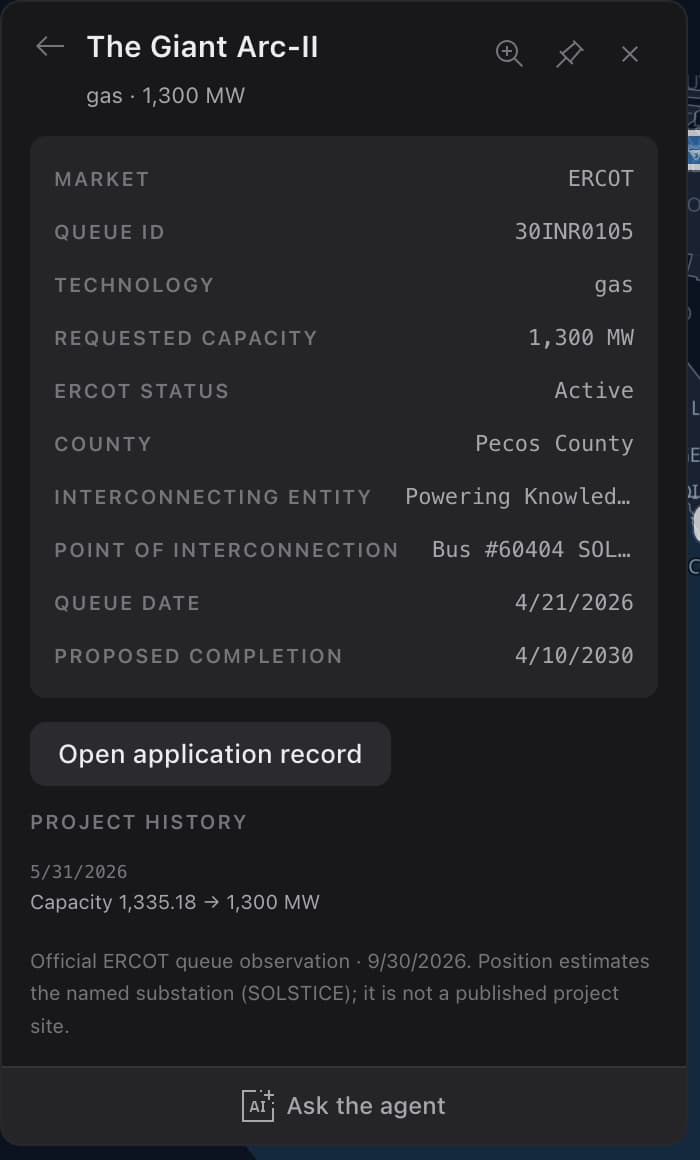 The Giant Arc-II queue card with its ERCOT queue ID, native status, proposed completion, source observation, history and Open application record action.