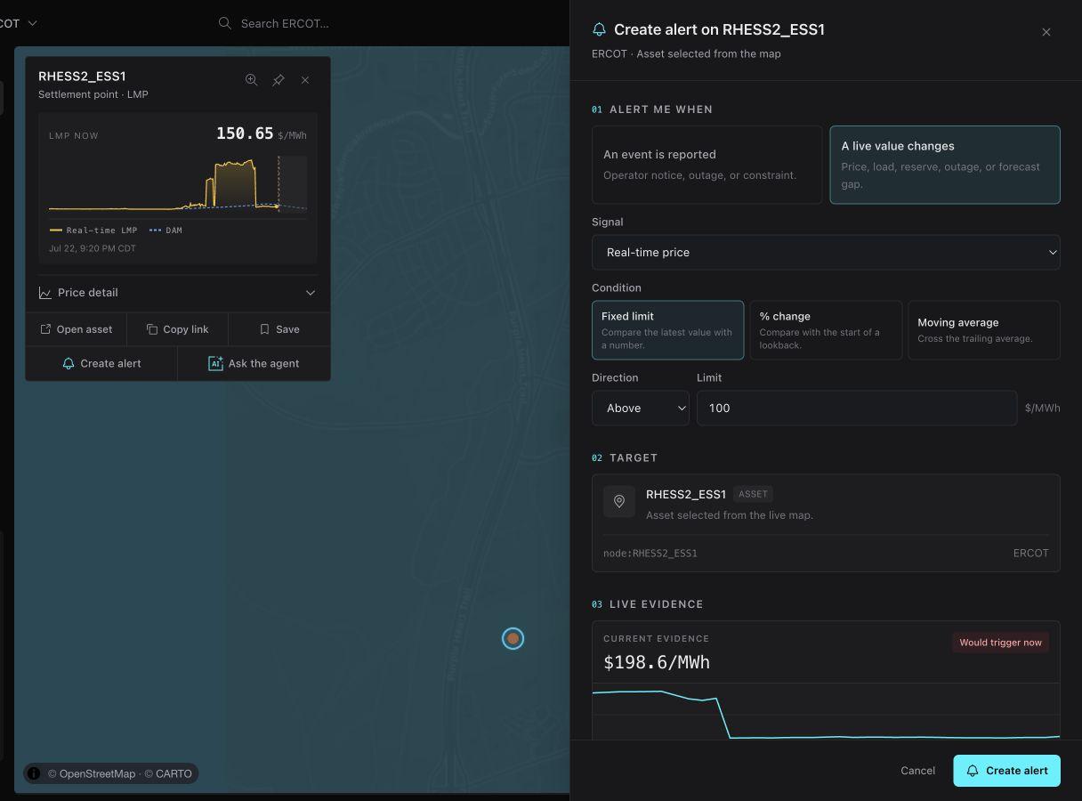 The ERCOT map with a price node selected and the contextual alert composer open beside it.