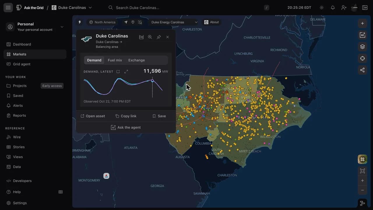 Duke Carolinas balancing-area card on the production map, with Demand, Fuel mix and Exchange tabs and the latest hourly demand over the Carolinas territories.