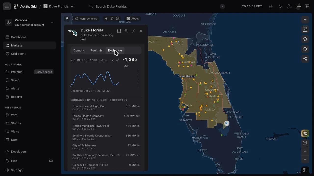 Duke Florida balancing-area card on the production map with the Exchange tab open, showing net interchange and seven neighboring balancing authorities with their observation hours.