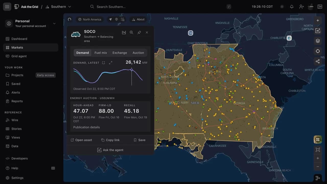 Southern balancing-area card on the production map showing hourly demand and the Energy auction panel with hour-ahead, Firm-LD and Recall prices in USD per MWh.