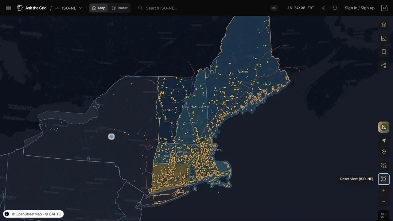 The ISO-NE map showing six New England states with load zones, PNodes, generation, transmission, and substations.