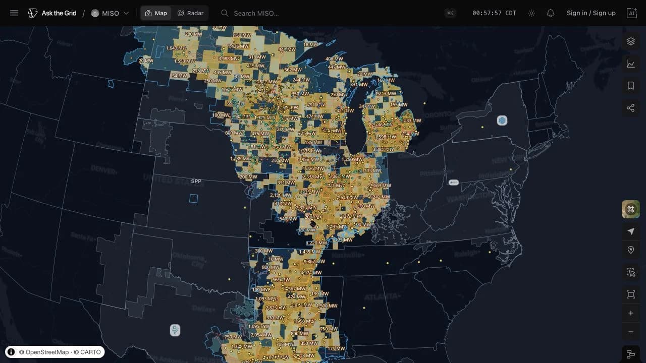 The MISO map showing its north and south footprint with settlement points, generation, transmission, substations, and queue capacity.