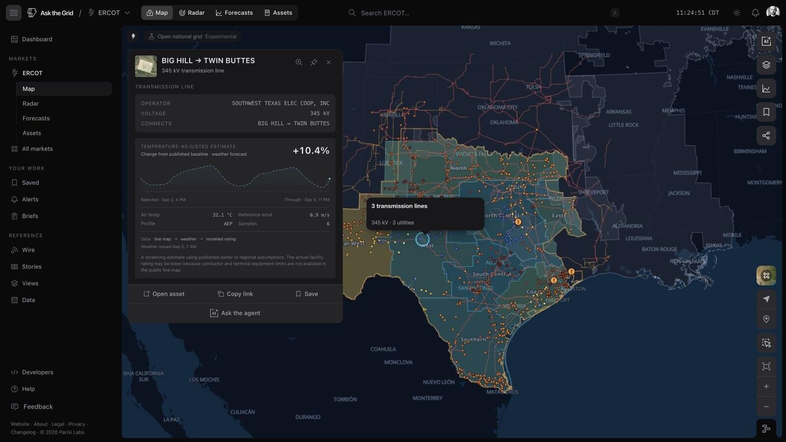 The ERCOT map with a transmission line selected and its weather-adjusted rating visible