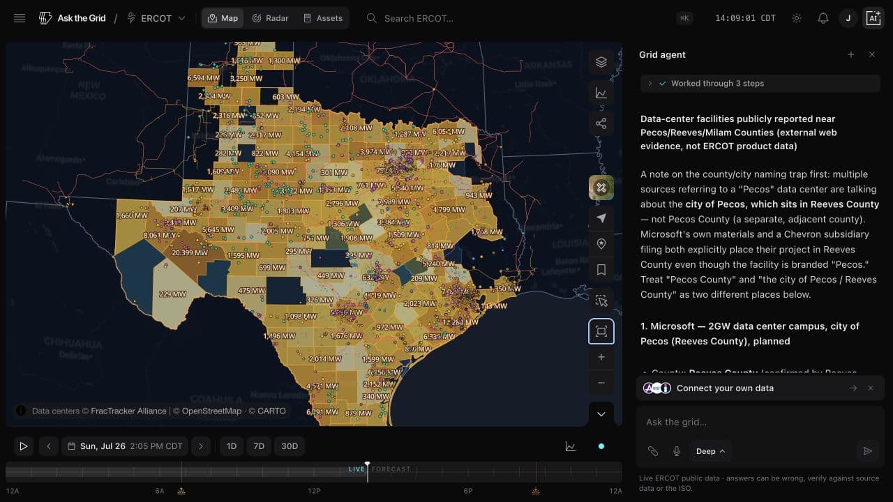 The full ERCOT interconnection queue and data-center map beside Ask the Grid agent web research and the shared timeline