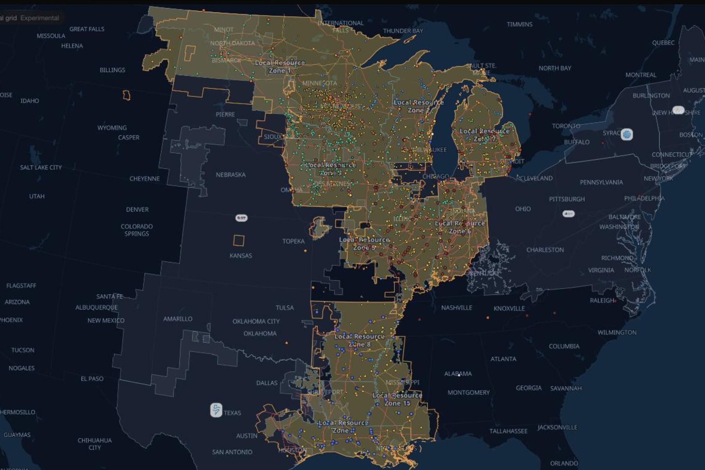 Ask the Grid's MISO map with transmission geography visible across the footprint