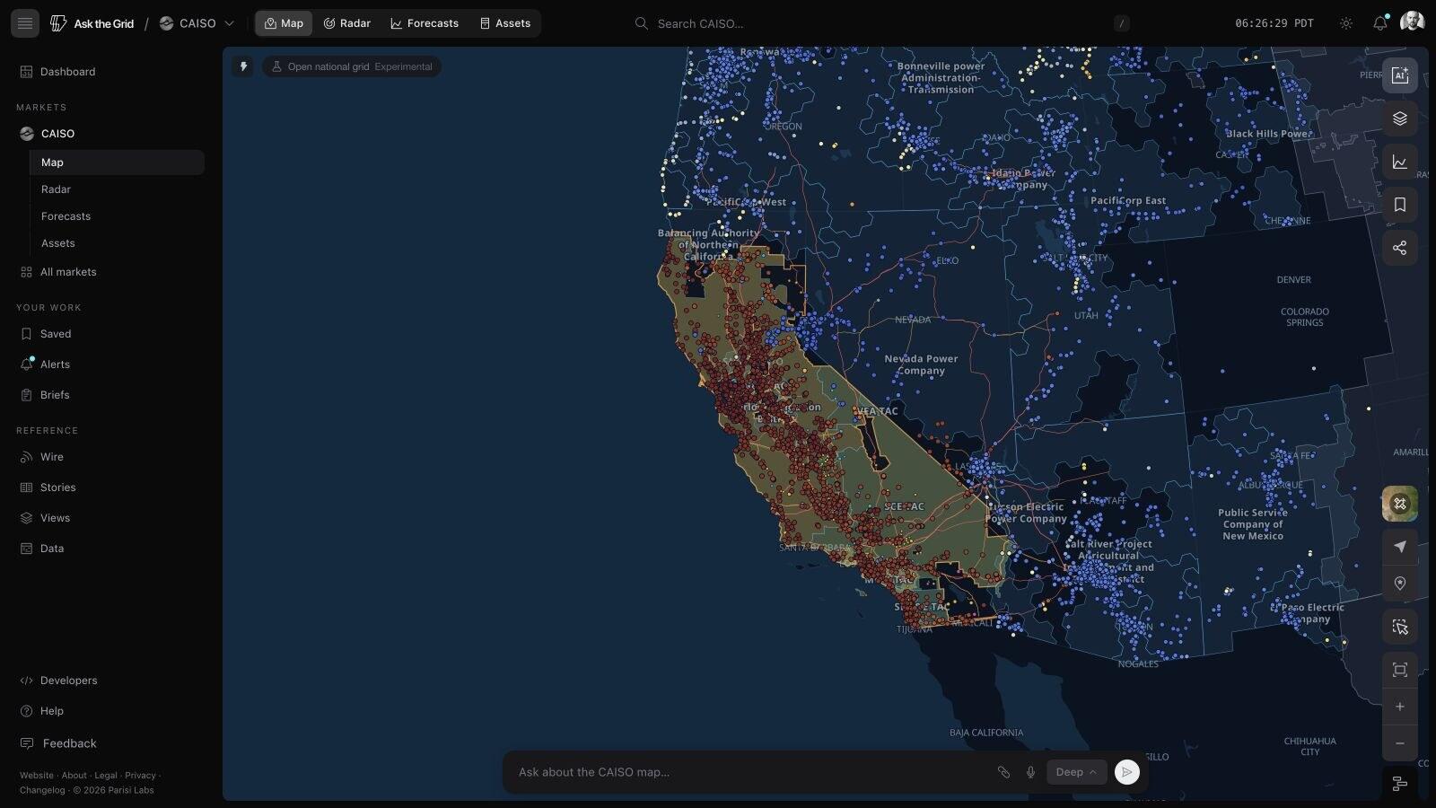The live CAISO map — California TAC zones, generation and price nodes, transmission